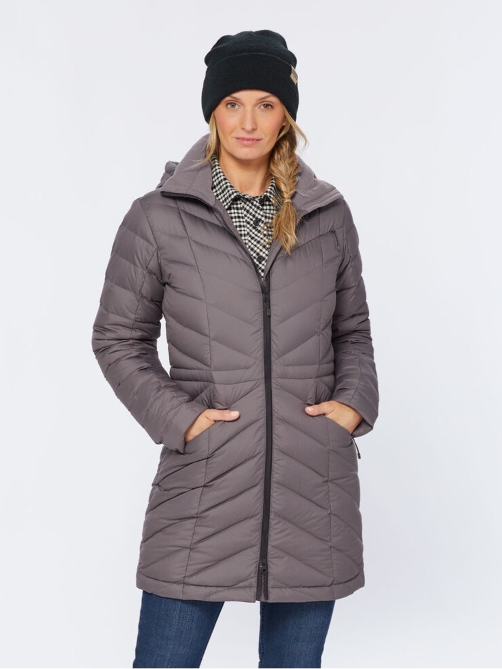 Duluth Trading Co Gray Quilted Long Hooded Puffer Coat